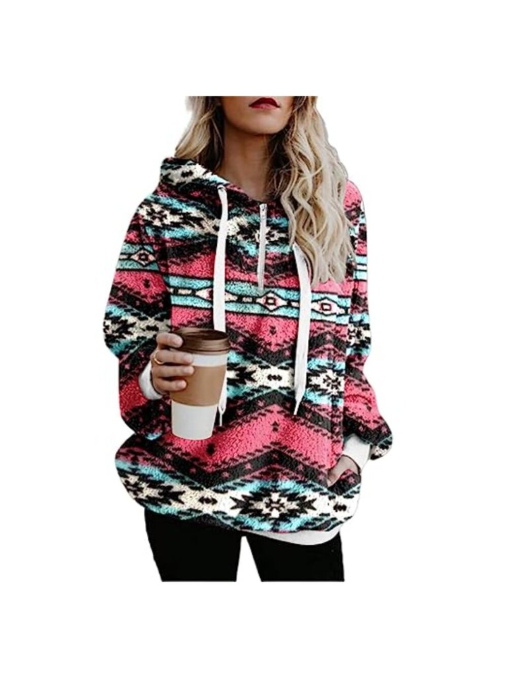 Half Zip Aztec Printed Hooded Fuzzy Fleece Hoodie Sweatshirt
